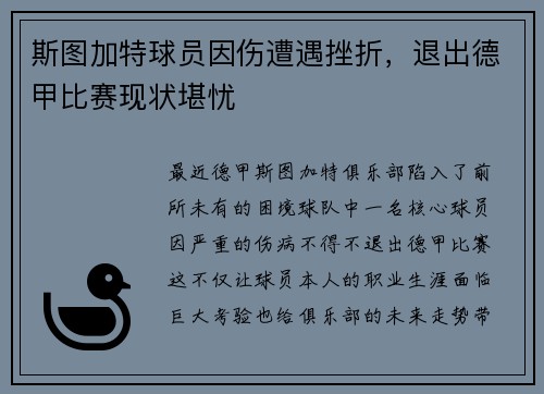 斯图加特球员因伤遭遇挫折，退出德甲比赛现状堪忧